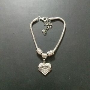 Silver Tone Daughter Clear Rhinestone Heart Charm Statement Bracelet